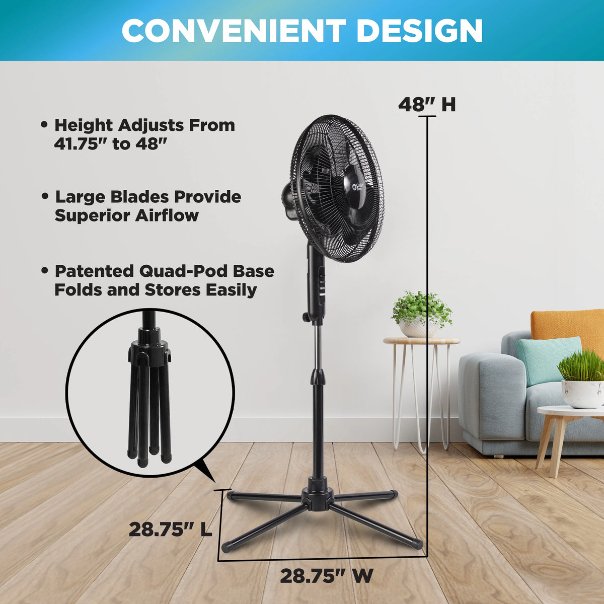 16” Oscillating Pedestal Fan, 3-speed, Adjustable Height and Tilt, Black P26596