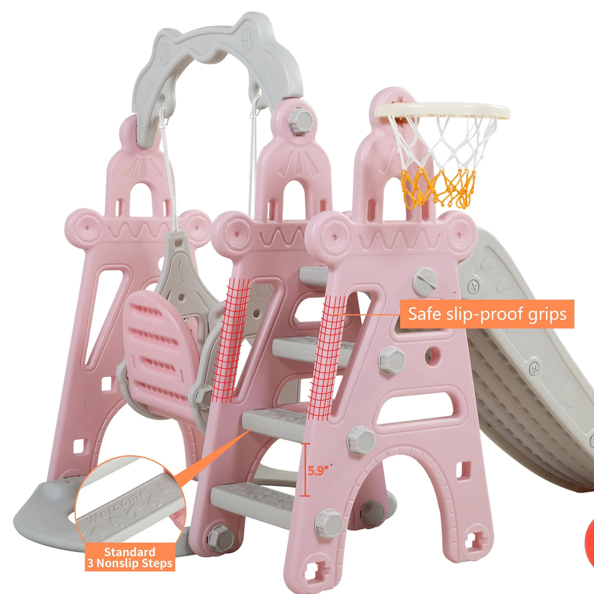 4 in 1 Slide and Swing Set with Basketball Hoop Y862579