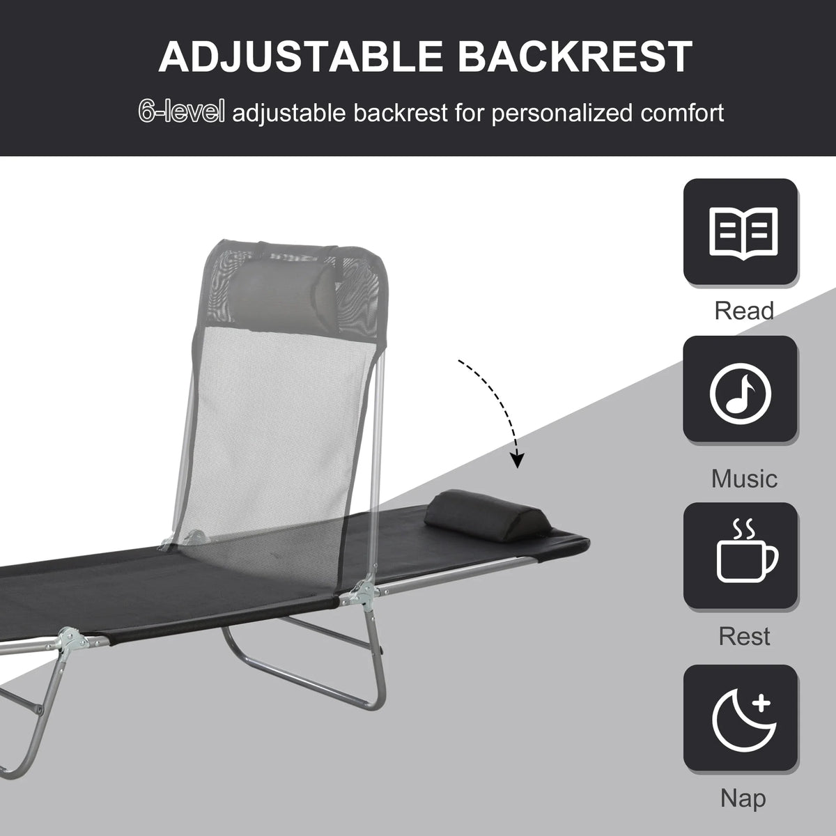 Folding Chaise Lounge Pool Chairs with Pillow, Steel Frame & Breathable Mesh, Black H8262