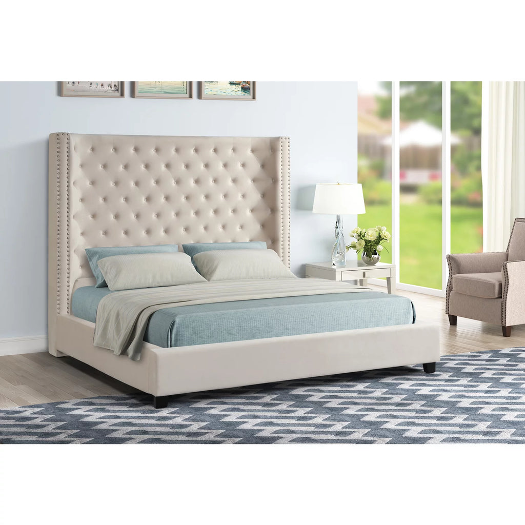 Velvet Upholstered Queen Platform Bed Beige A469649