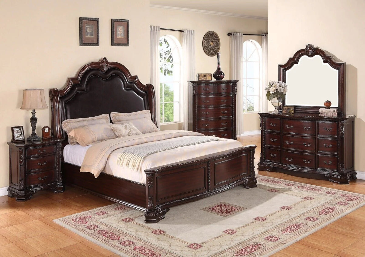 King Panel Bed Set Brown Wooden Faux Leather G6237