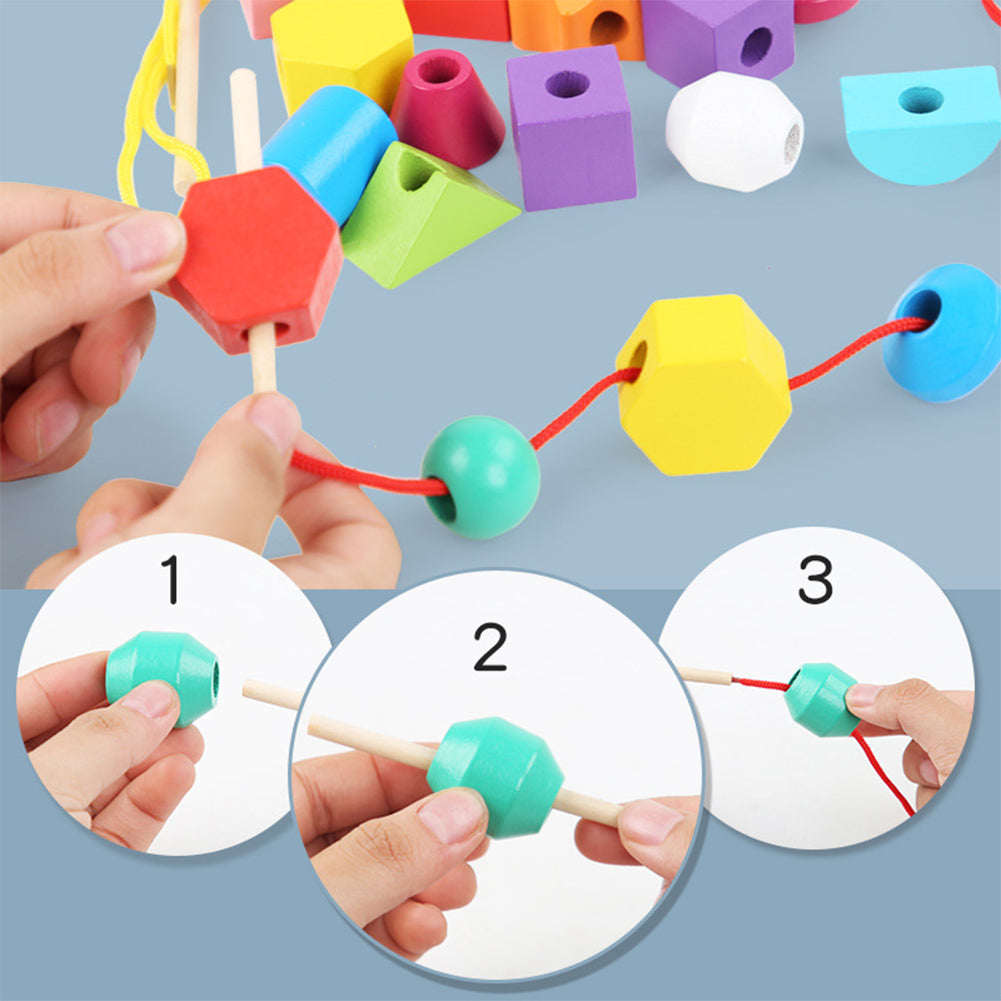 Wooden Stacking Blocks Lacing Beads Shape Matching Toy M3454