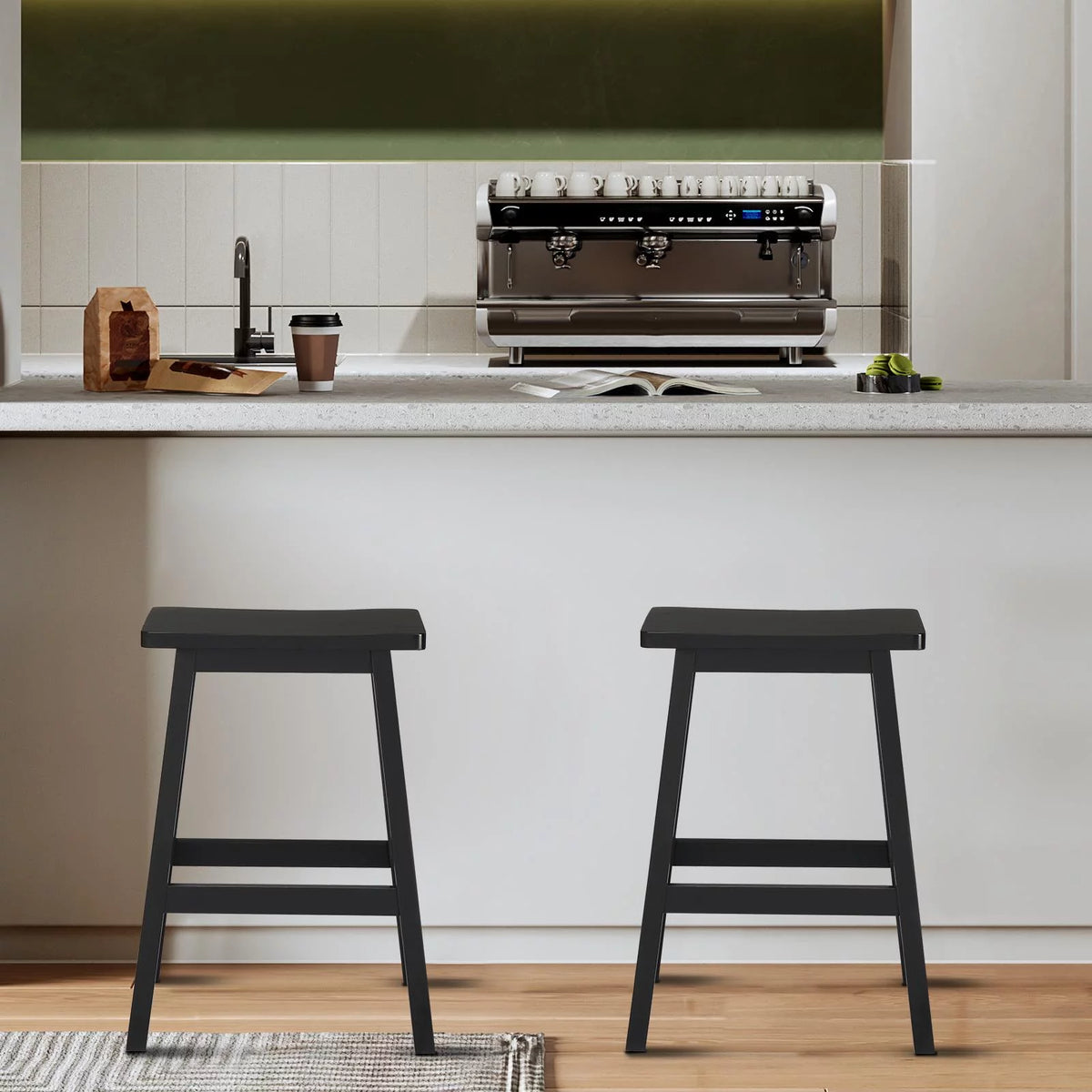 Set of 4 Black Wooden Saddle Seat Bar Stools Q66783
