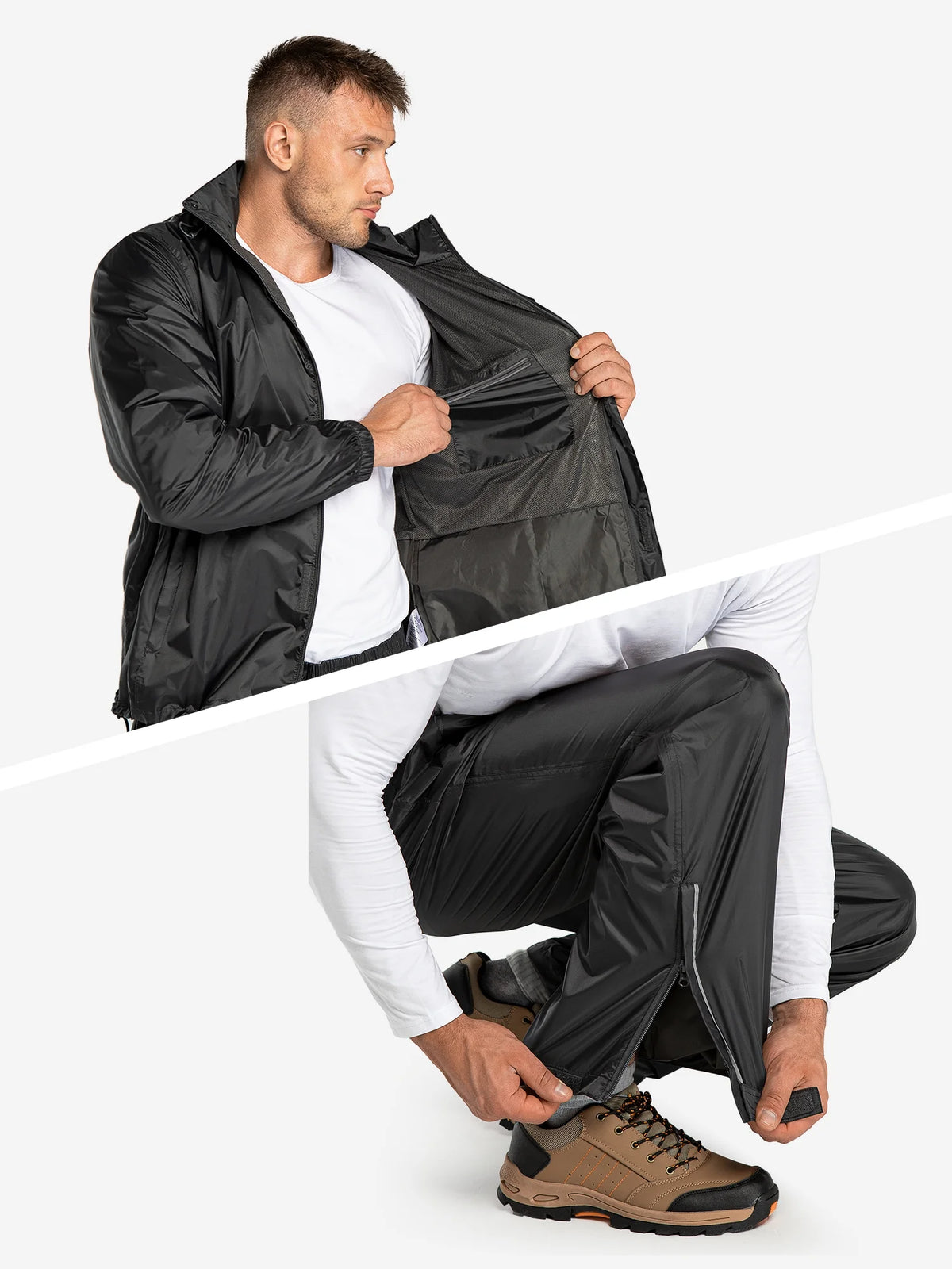 Black Large Waterproof Rain Suit with Hideaway Hood U354