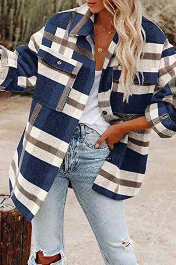 Plaid Pocket Buckle Turndown Collar Outerwear H80502
