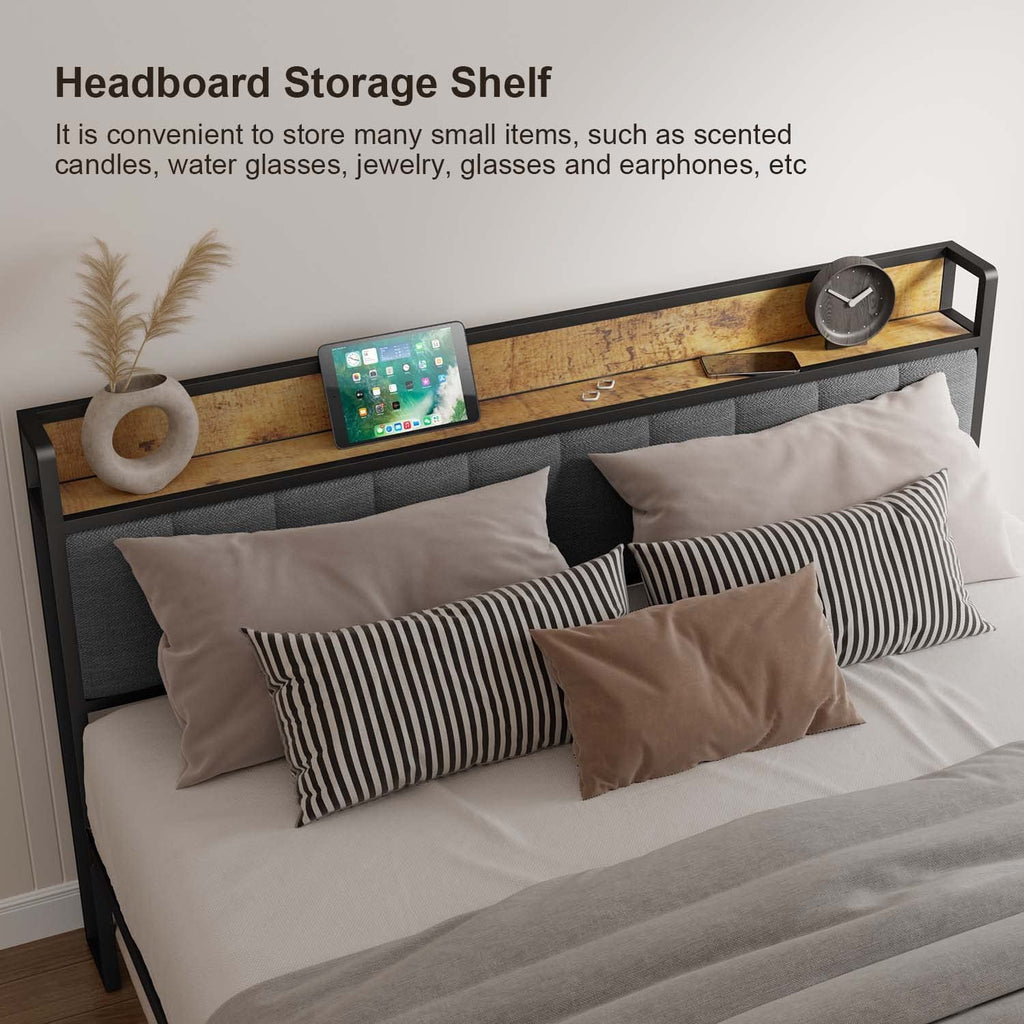 King Size Metal Bed Frame with Storage Headboard P572895