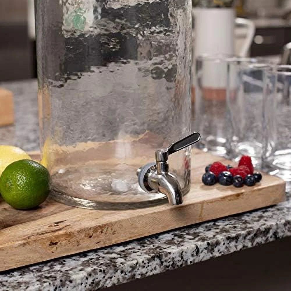 Gallon Beverage Dispenser With Lid, Hammered Glass, Stainless Steel Spigot R18355