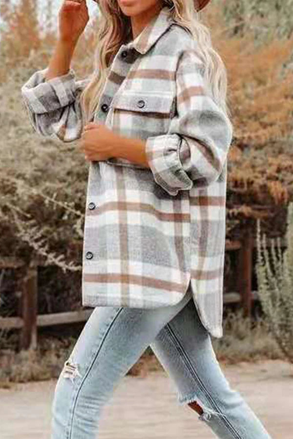 Plaid Pocket Buckle Turndown Collar Outerwear H80502