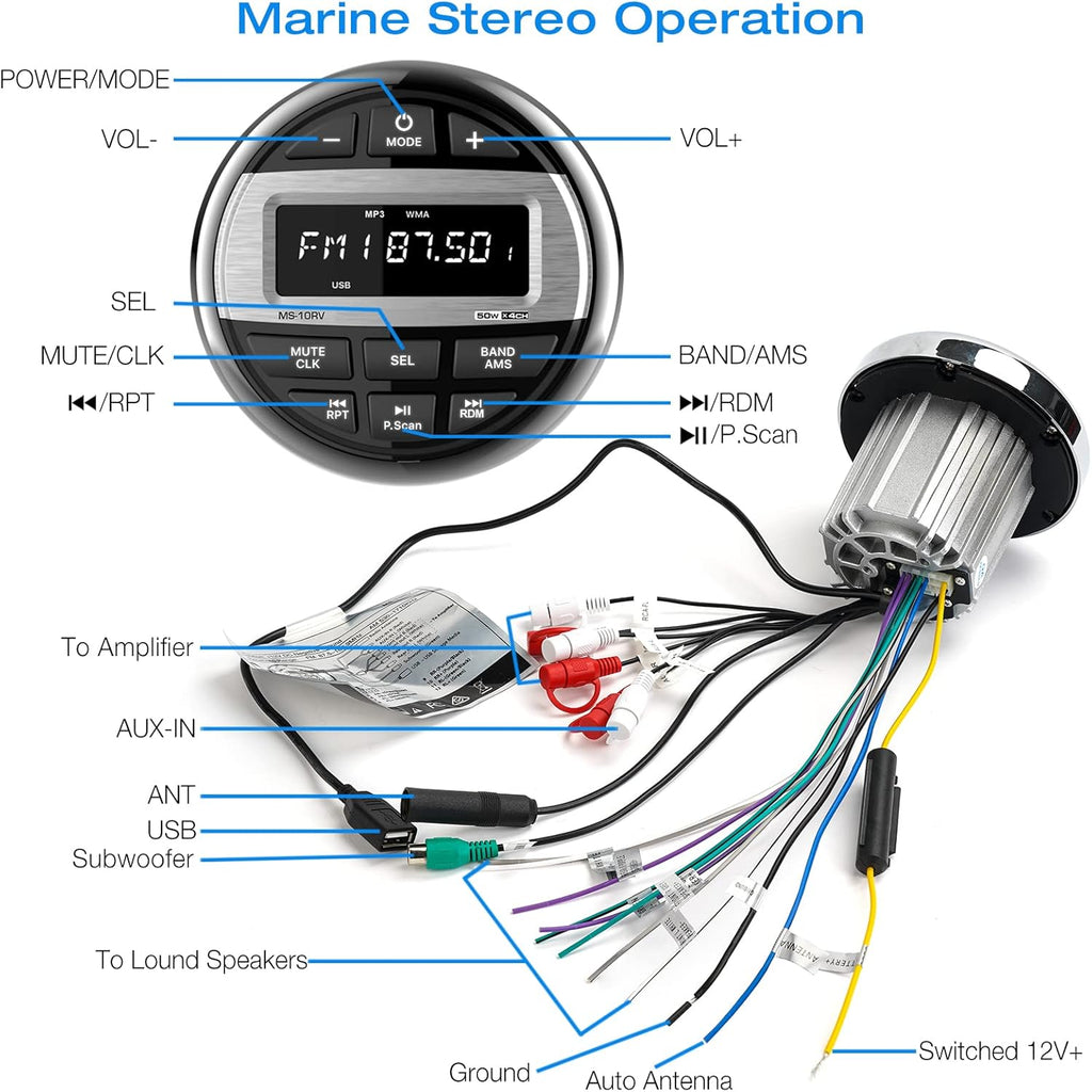 Waterproof Marine Grade Bluetooth Boat Stereo Receiver with FM AM Radio, USB, AUX-in, MP3, Subwoofer, Pre-Amp & EQ R206946