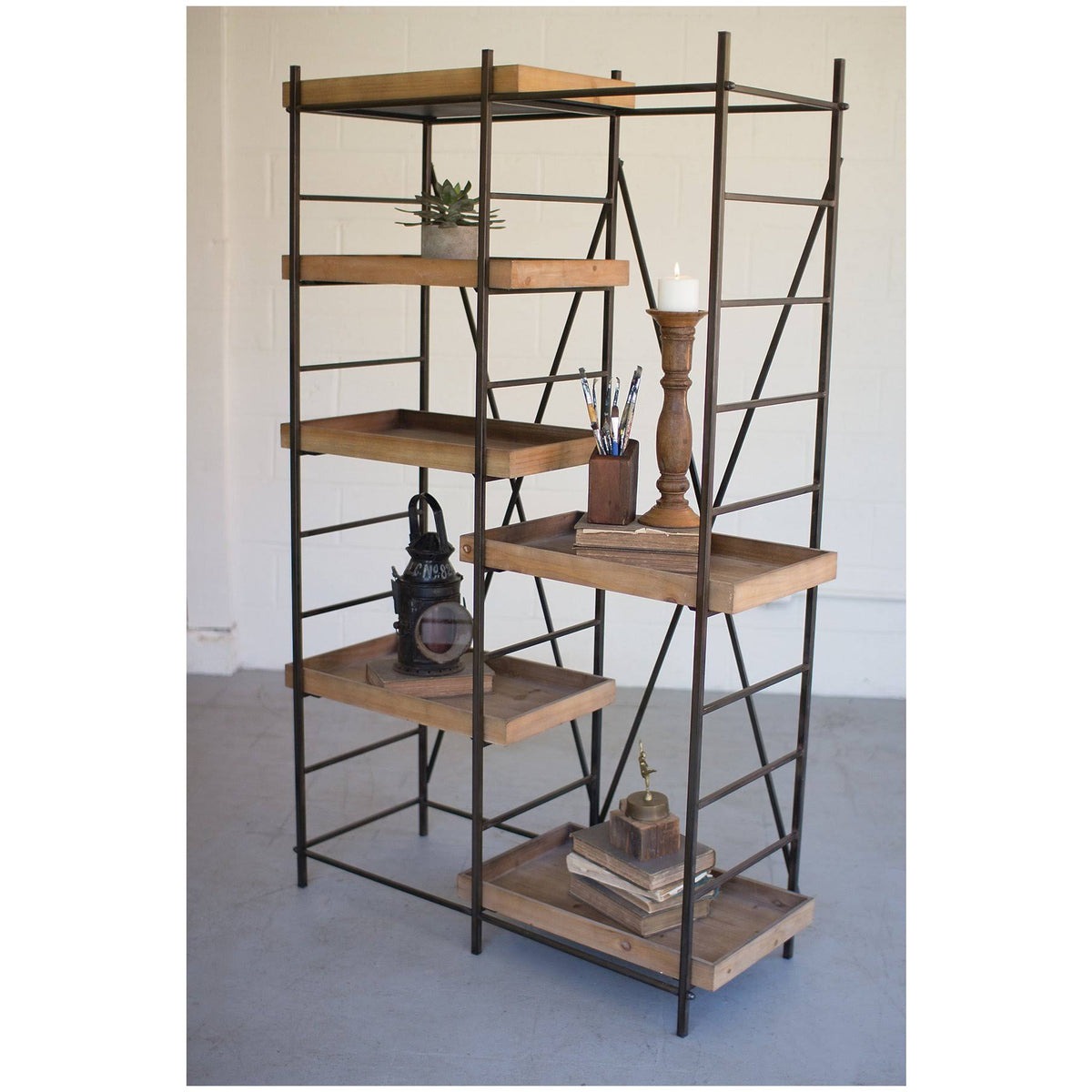 Iron Shelving Unit with Six Adjustable Wooden Shelves L52378