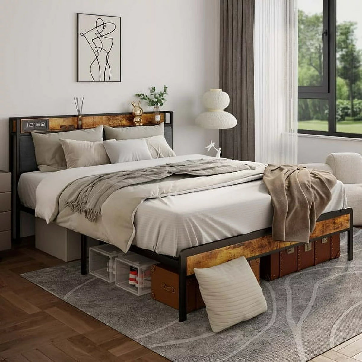 King Size Metal Bed Frame with Storage Headboard P572895