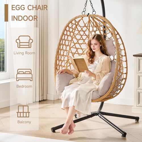 Beige Wicker Rattan Egg Chair with Stand U204583
