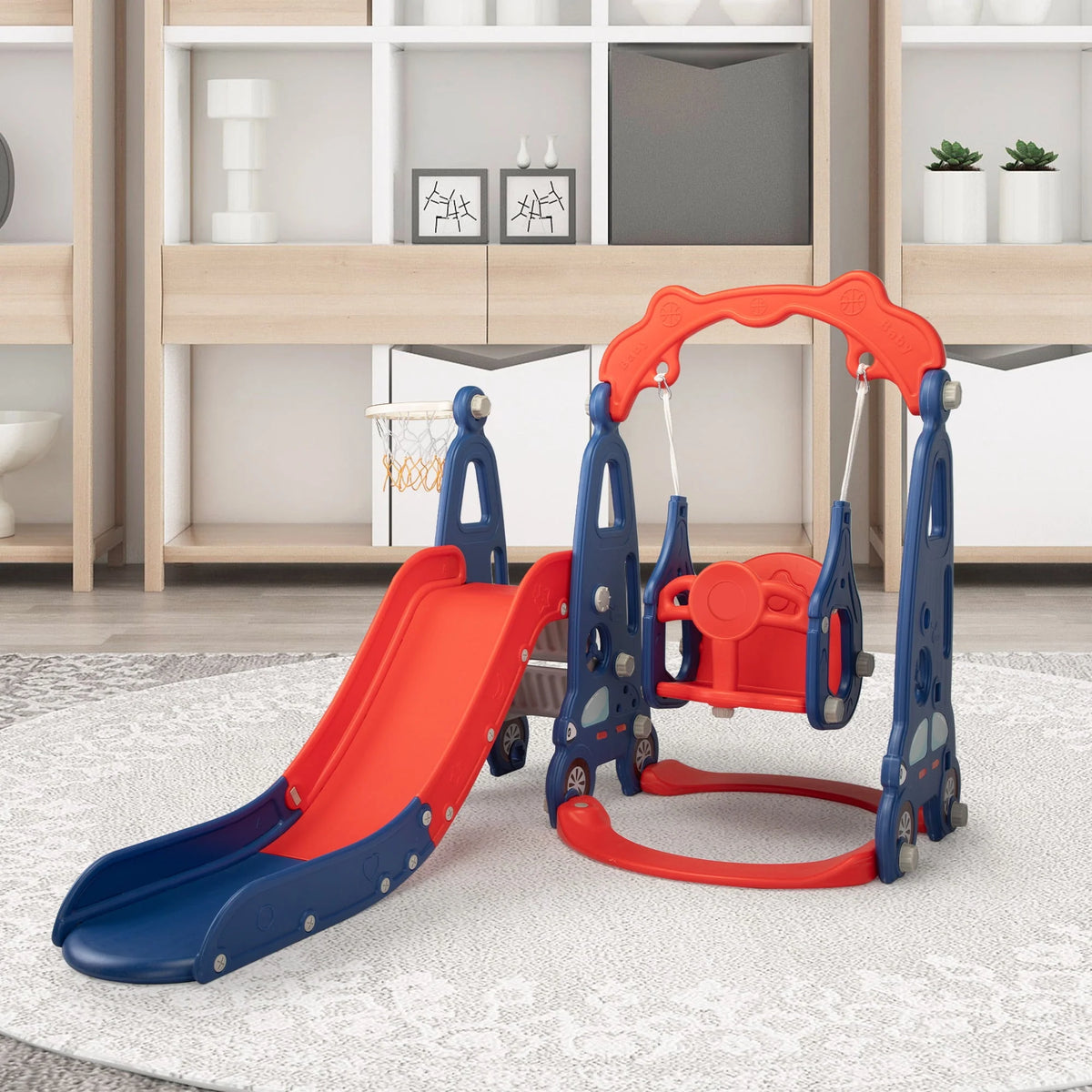 4 in 1 Slide and Swing Set with Basketball Hoop Y862579
