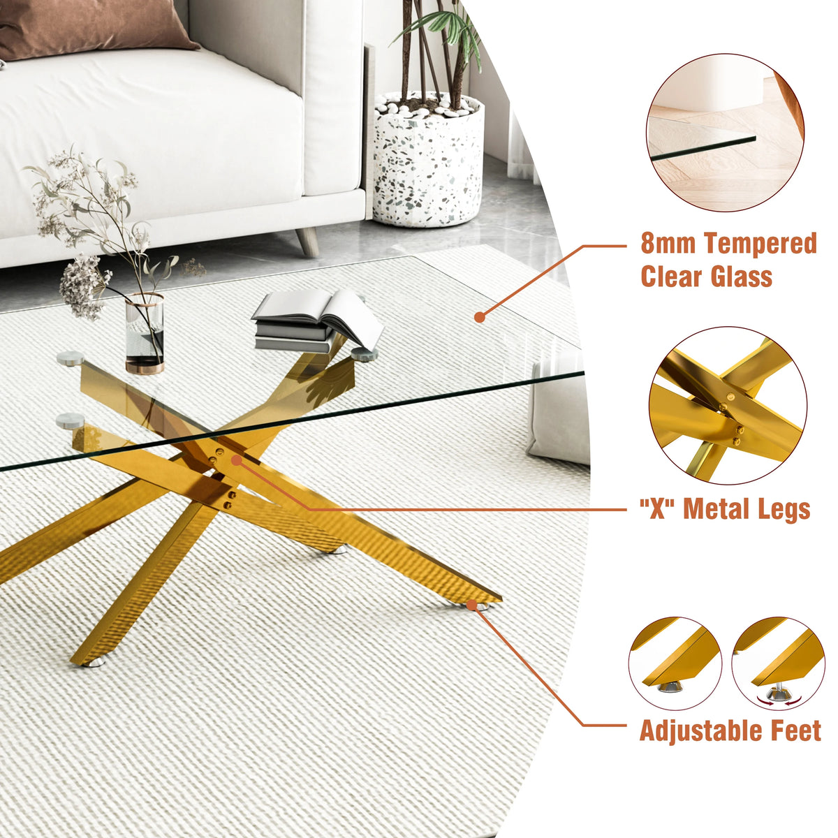 39.4" Rectangular Clear Tempered Glass Coffee Table with Golden Metal Legs R6141