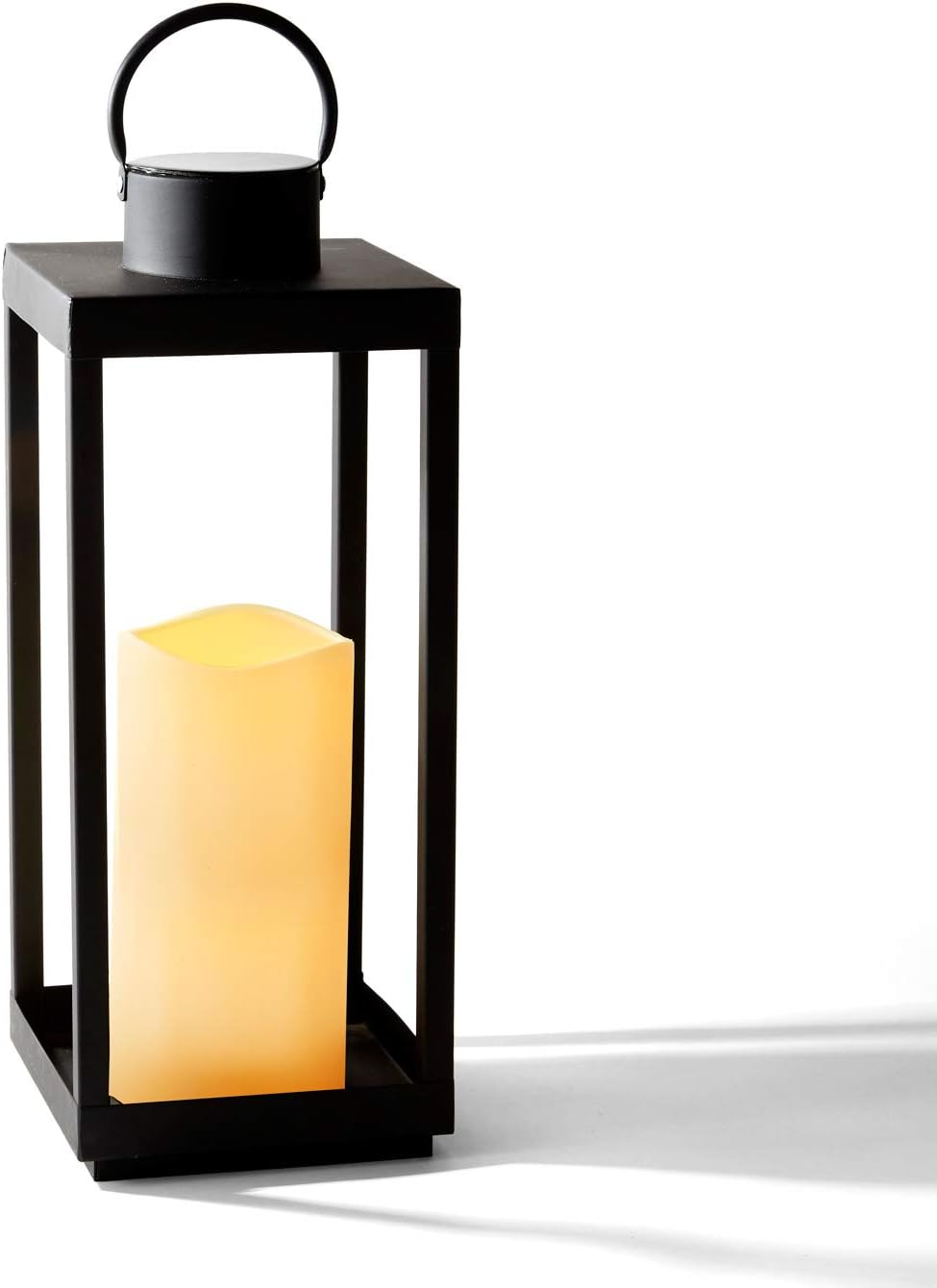 Large Outdoor Lantern with Solar Candle, 18 Inch Tall, Matte Black Metal Frame D2981
