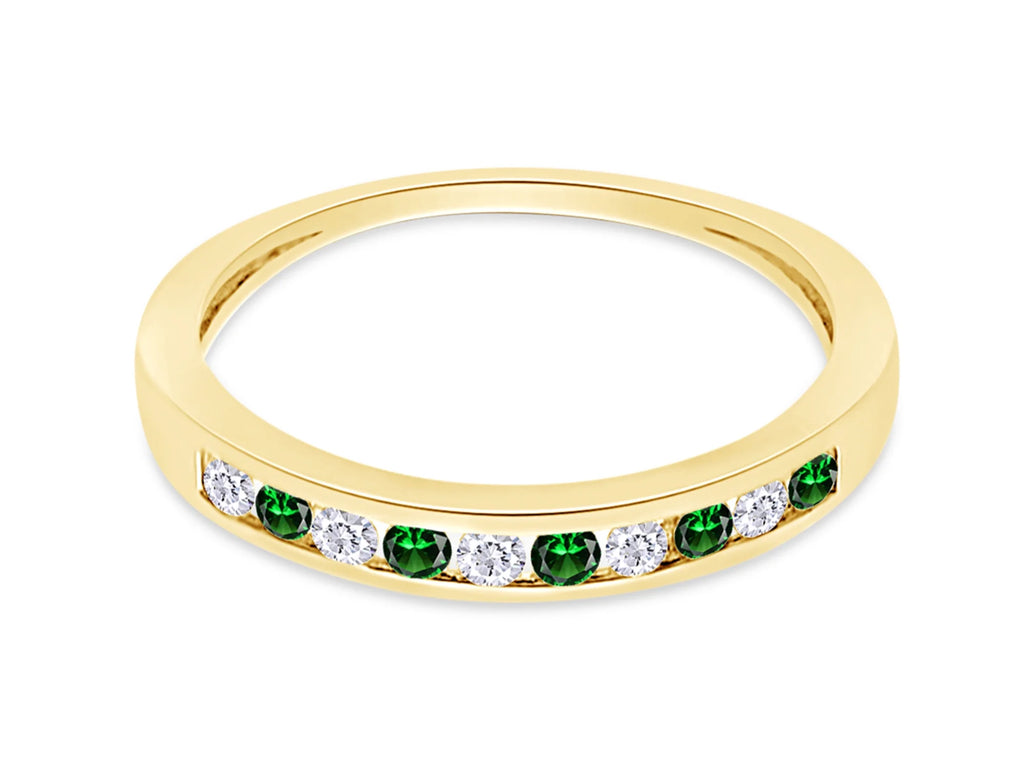 Round Cut Simulated Green Emerald And White Natural Diamond Stackable Wedding Band Ring In 14K Yellow Gold Over Sterling Silver Z80267