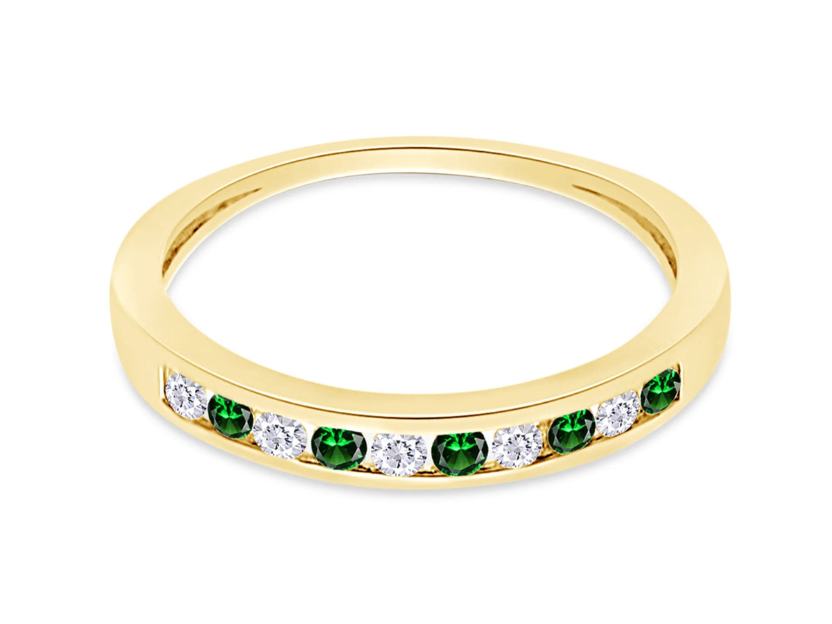 Round Cut Simulated Green Emerald And White Natural Diamond Stackable Wedding Band Ring In 14K Yellow Gold Over Sterling Silver Z80267