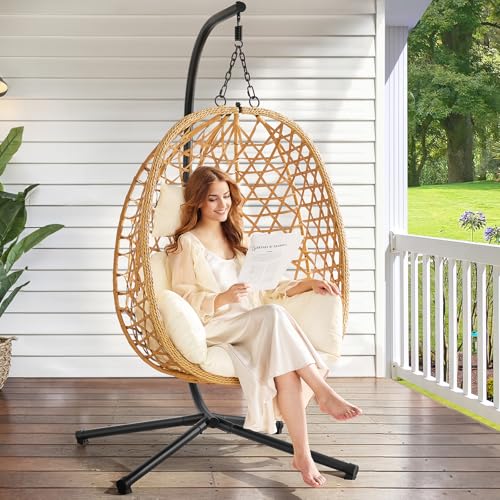 Beige Wicker Rattan Egg Chair with Stand U204583