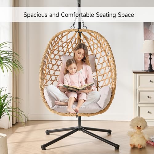 Beige Wicker Rattan Egg Chair with Stand U204583