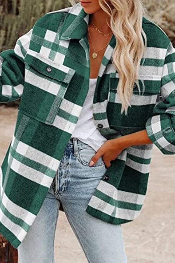 Plaid Pocket Buckle Turndown Collar Outerwear H80502