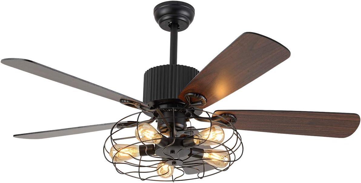 Retro Industrial Iron Cage Ceiling Fan Light 52 Inch 5-Lights E27 Fixture T481