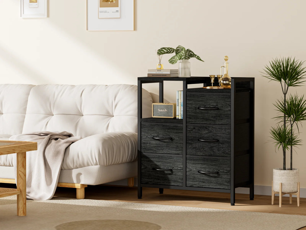 5 Fabric Drawers Rustic Brown Dresser with Shelves M9762