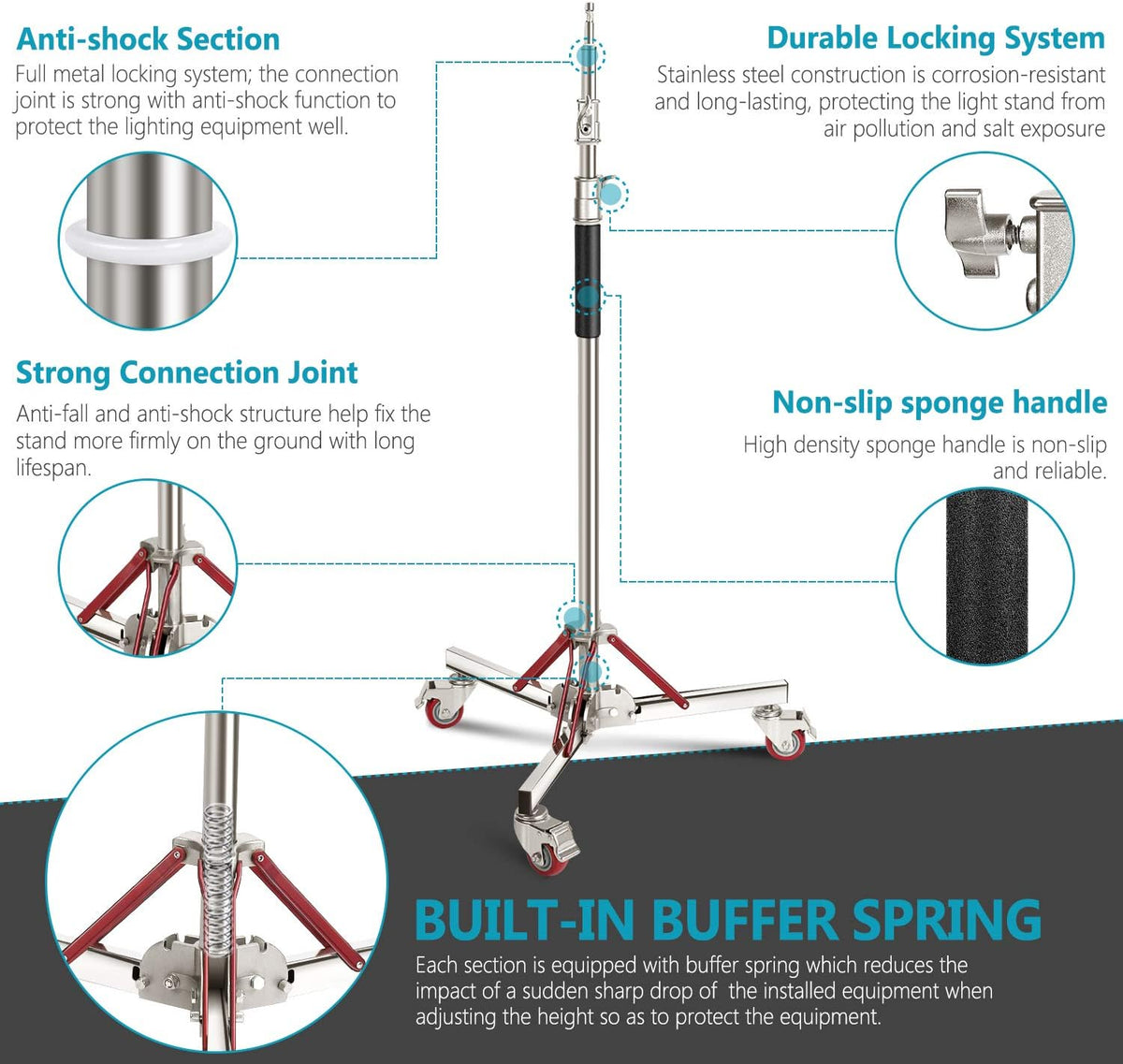 Heavy Duty Light Stand with Casters, Adjustable Tripod Stand, 100% Stainless Steel, Max Height: 10ft/305cm R370023