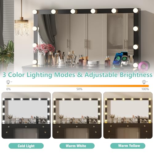 White Vanity Desk with Mirror and Lights, 11 Drawers, Charging Station B979