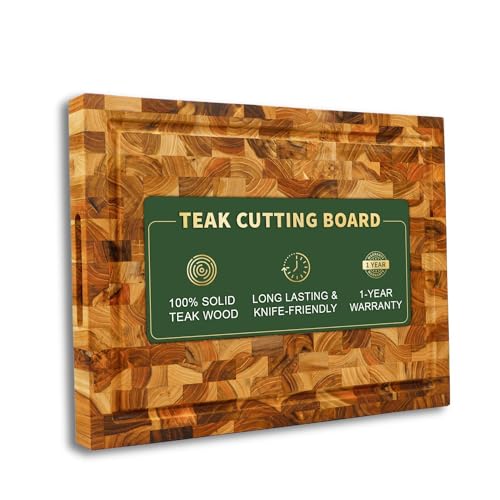 Teak Wood End Grain Cutting Board with Juice Groove Hand Grip (Medium 18x14x1.5 inches) M2824