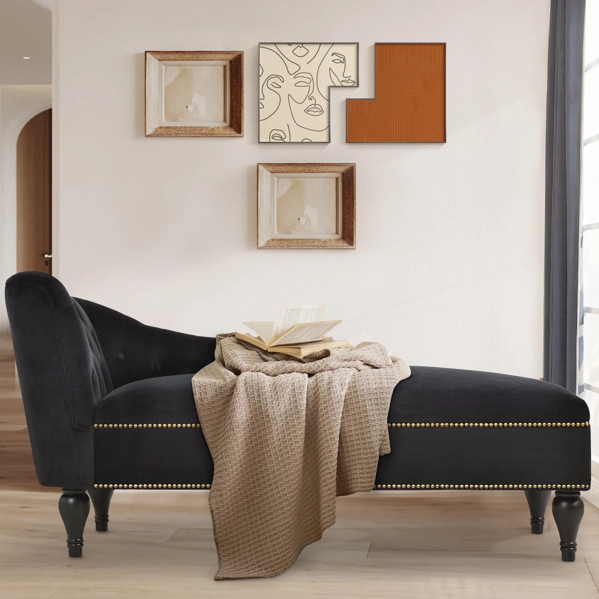 Black Tufted Upholstered Chaise Lounge T67217