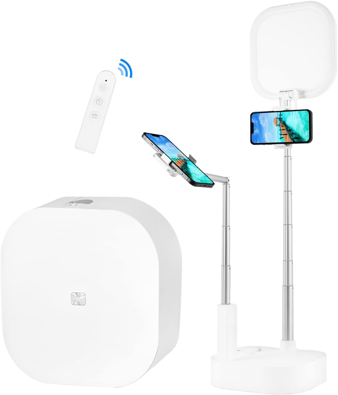 Extendable Selfie Light Stand, Adjustable Phone Selfie Stand, Overhead 360° Rotation Two Phone Holders, Rechargeable Wireless Phone Mount with LED Light, Pack of 2 E205