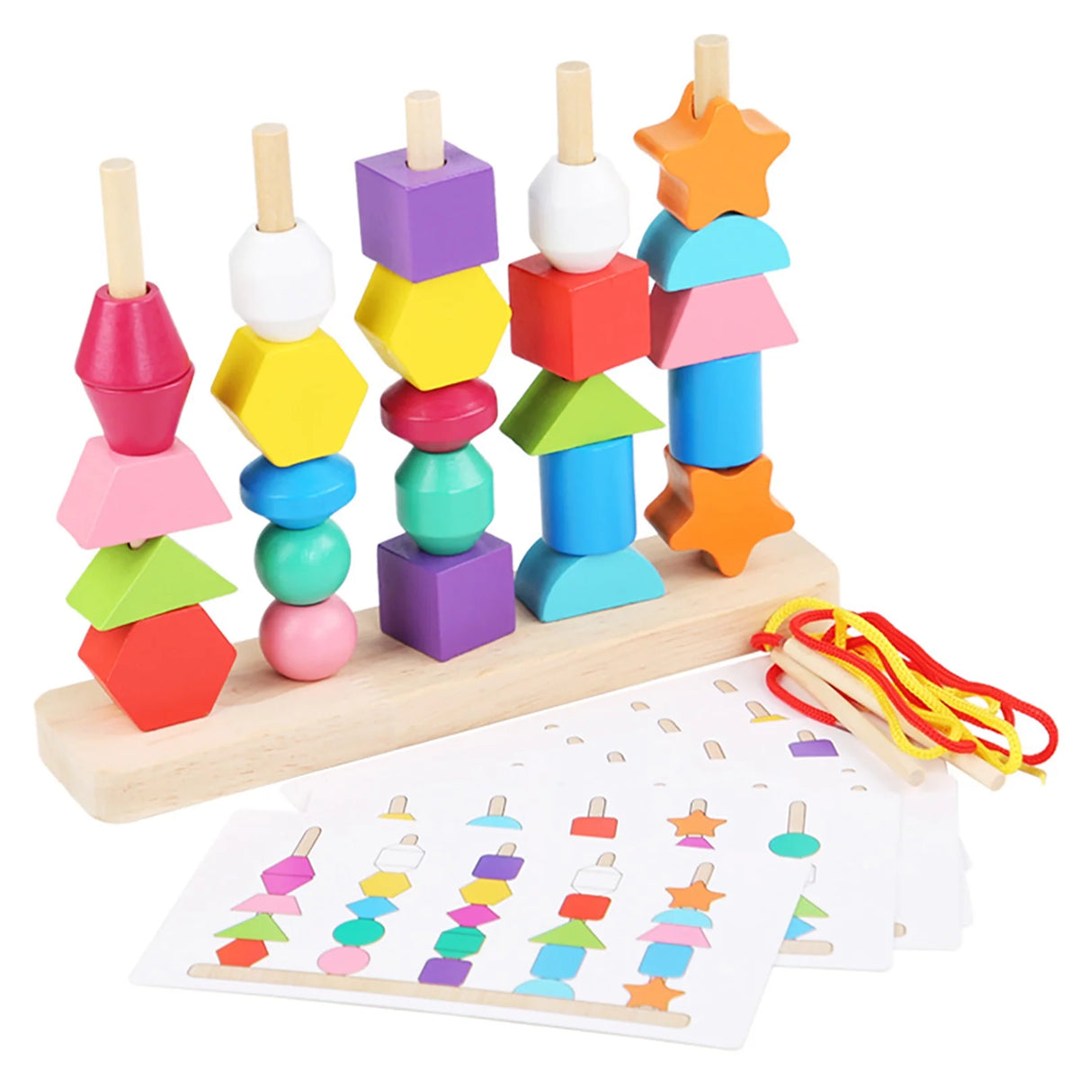 Wooden Stacking Blocks Lacing Beads Shape Matching Toy M3454