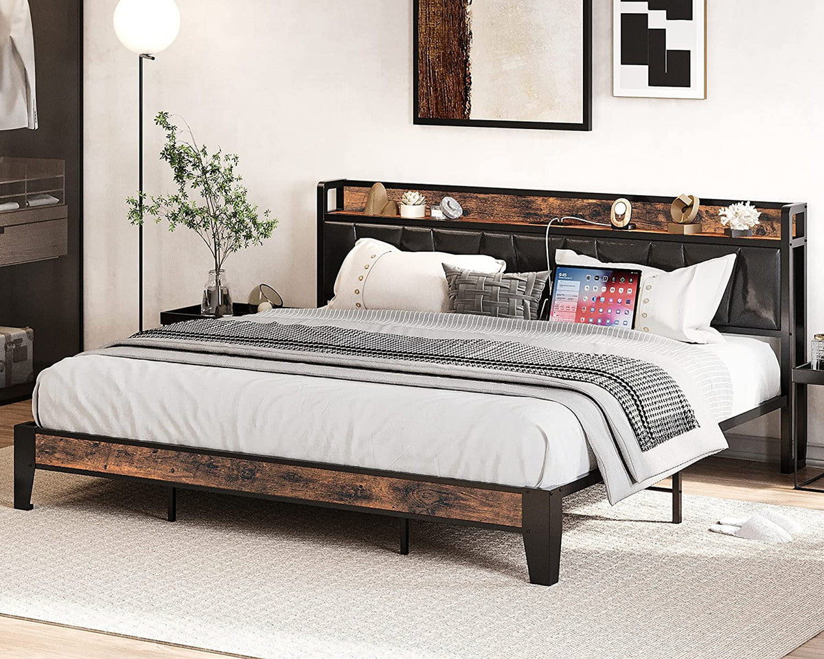 King Metal Bed Frame with Black Storage Headboard P184211
