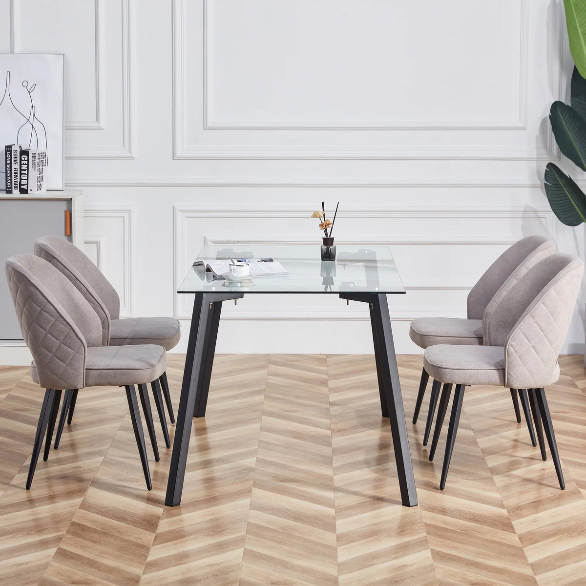 Rectangular Glass Dining Table for 4-6 with Tempered Glass Tabletop and Black Metal Legs I41568