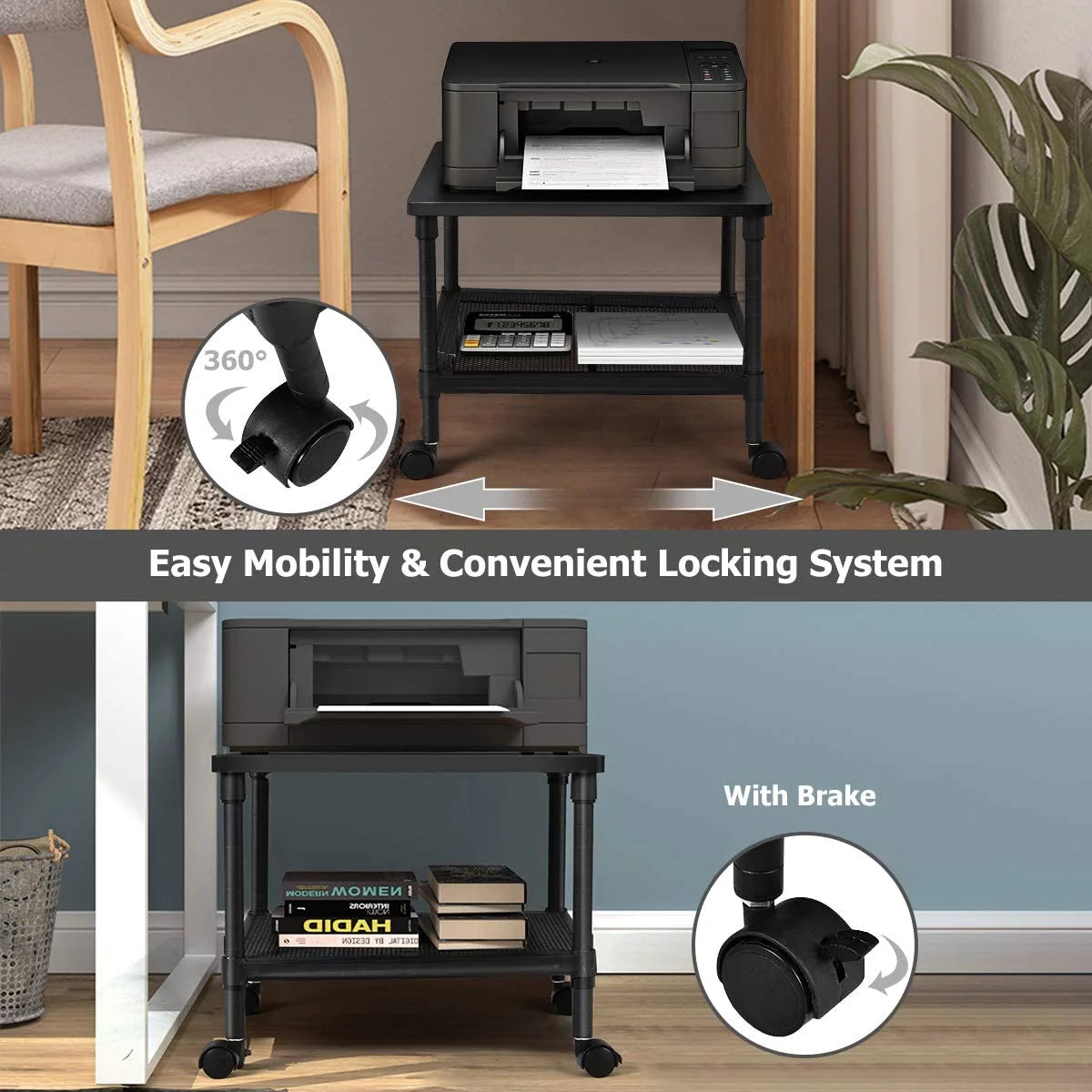 2-Tier Printer Stand with Wheels and Metal Frame U27986