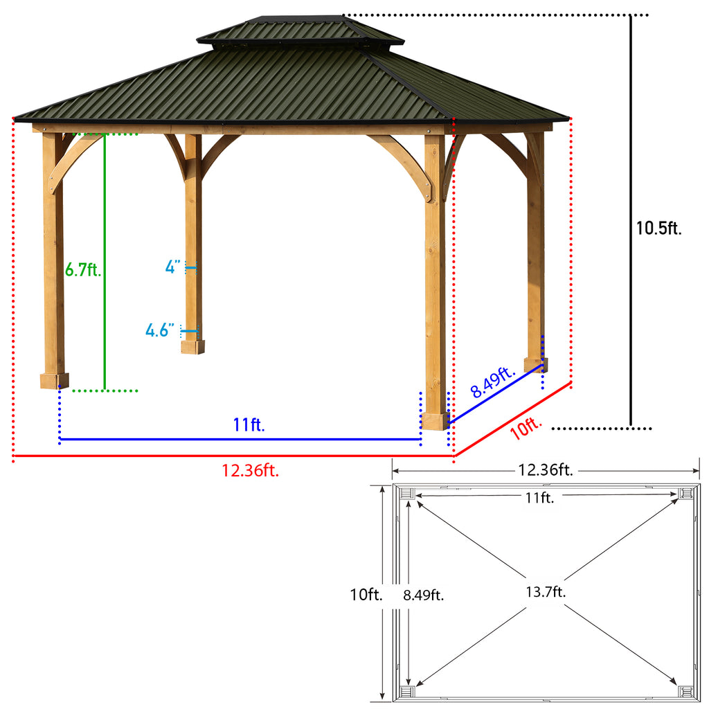 Green 10 x 12 ft. Solid Wooden Gazebo with Hardtop Roof G19112