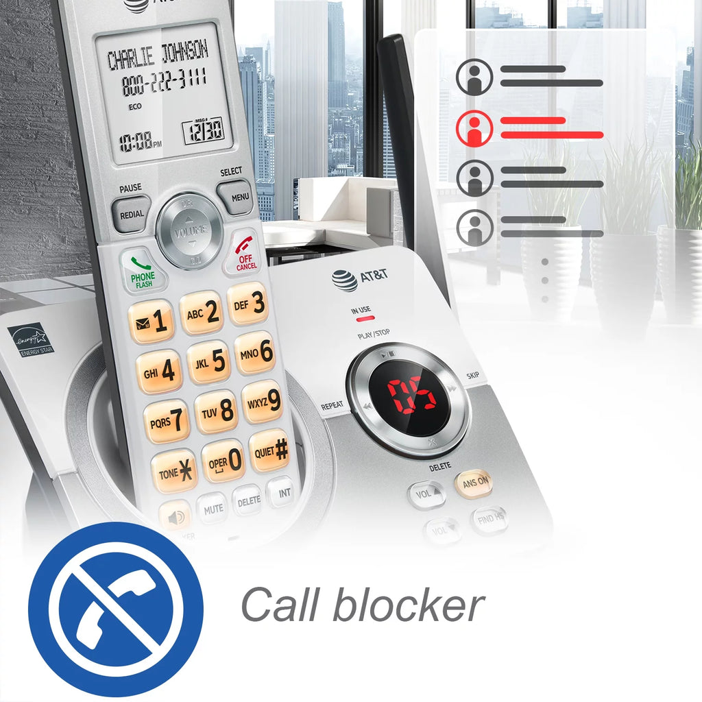 4-Handset Cordless Phone with Answering System and Call Block (White/Silver) J2562
