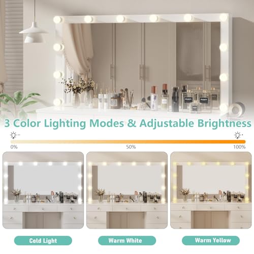 White Vanity Desk with Mirror and Lights, 11 Drawers, Charging Station B979