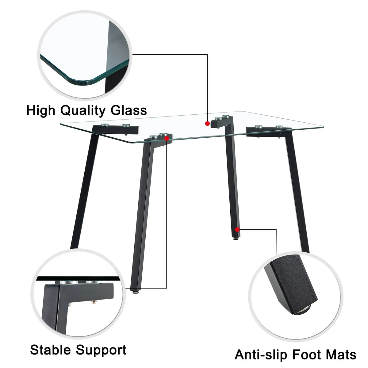 Rectangular Glass Dining Table for 4-6 with Tempered Glass Tabletop and Black Metal Legs I41568