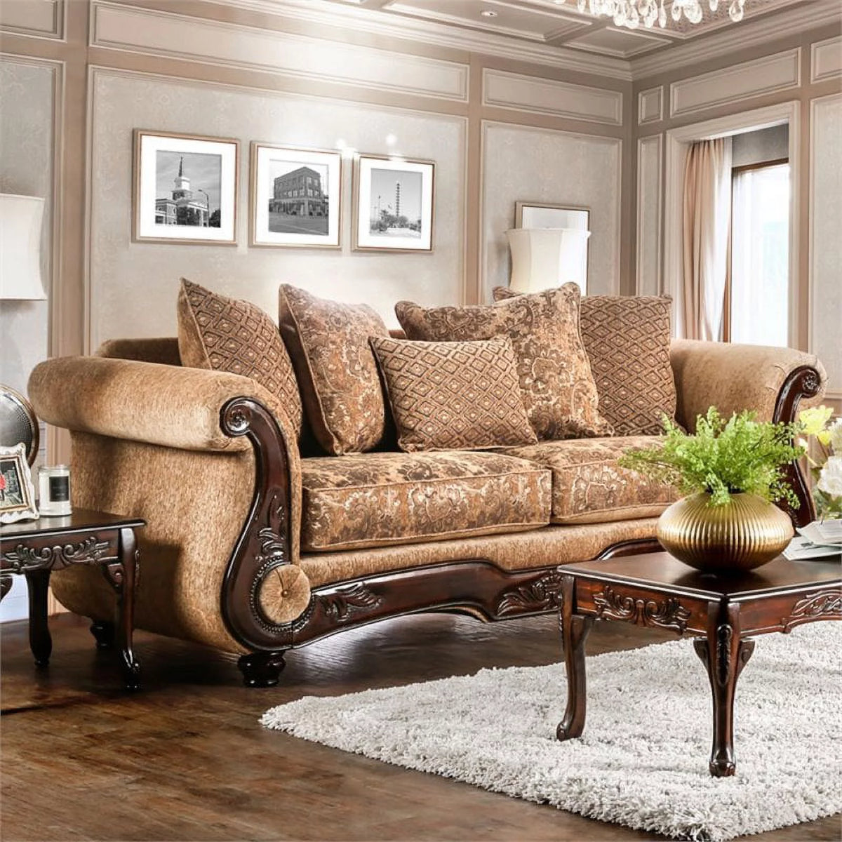 Traditional Chenille Sofa in Gold and Bronze Z620