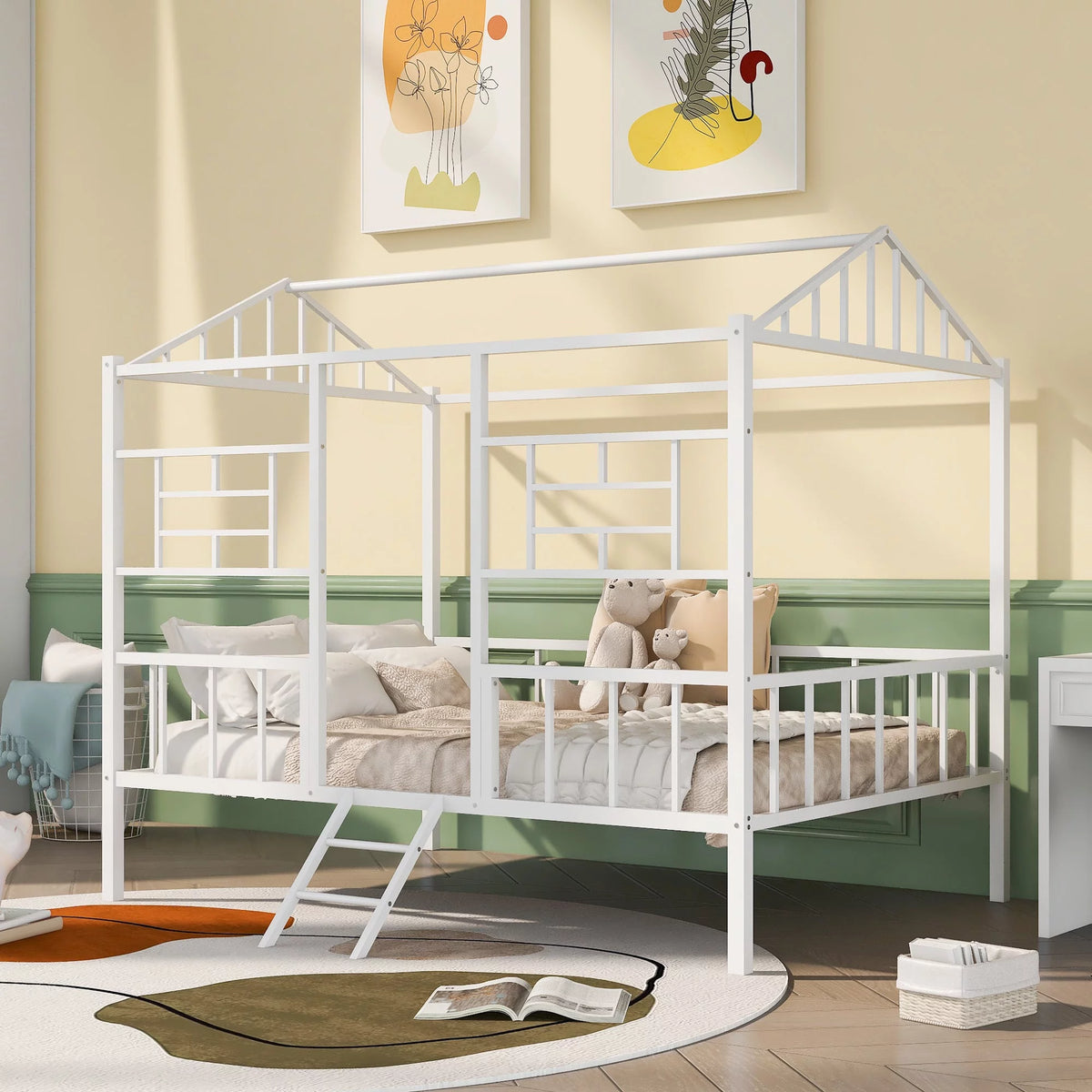 Full Size Metal House Bed Frame with Slatted Support O571530