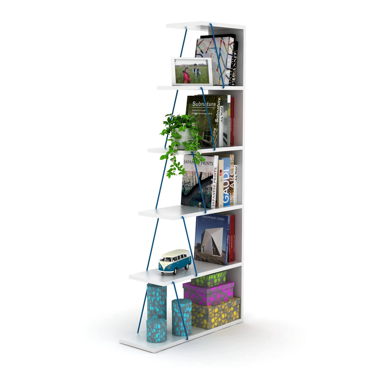 Chrome-White 5-Shelf Angled Bookcase B25354