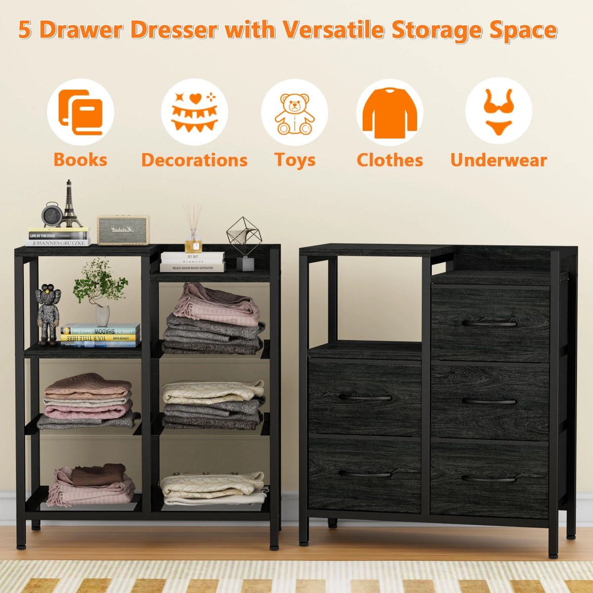 5 Fabric Drawers Rustic Brown Dresser with Shelves M9762