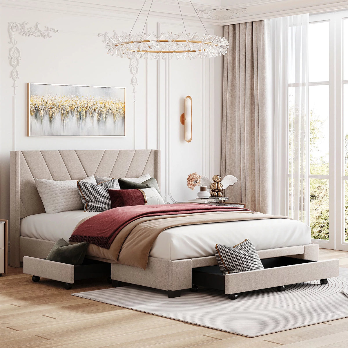 Linen Upholstered Queen Size Platform Bed with Storage Drawers Q158369