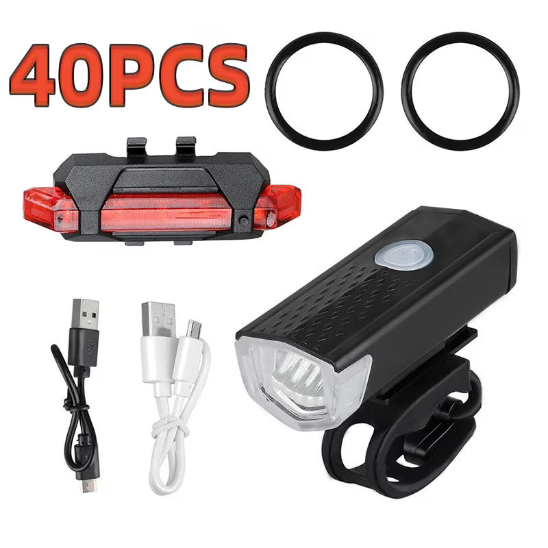 40 Sets USB Rechargeable Bike Light Set, LED Bicycle Headlight Front Rear Lamp Tail Light G7183