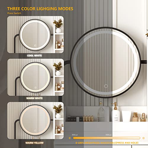 White Vanity Desk with Round Mirror and Lights and Hair Dryer Rack (Brown and Black, 15.75 * 31.5 * 53.6in) V229
