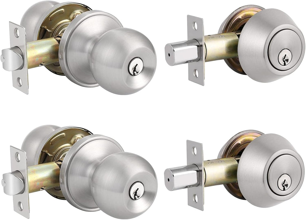 2 Pack Entry Door Knobs with Double Cylinder Deadbolt, Satin Nickel Finish W148614