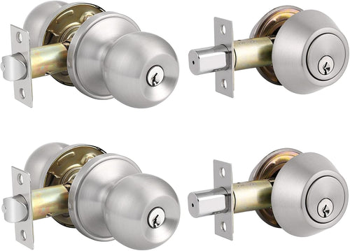 2 Pack Entry Door Knobs with Double Cylinder Deadbolt, Satin Nickel Finish W148614