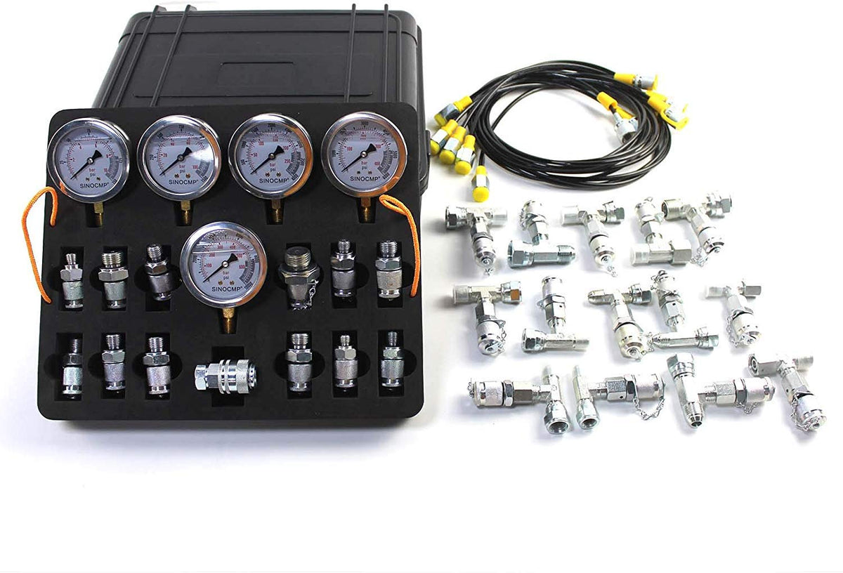 Hydraulic Pressure Test Kit with 5 Gauges, 5 Test Hoses, 13 Couplings and 14 Tee Connectors E51029