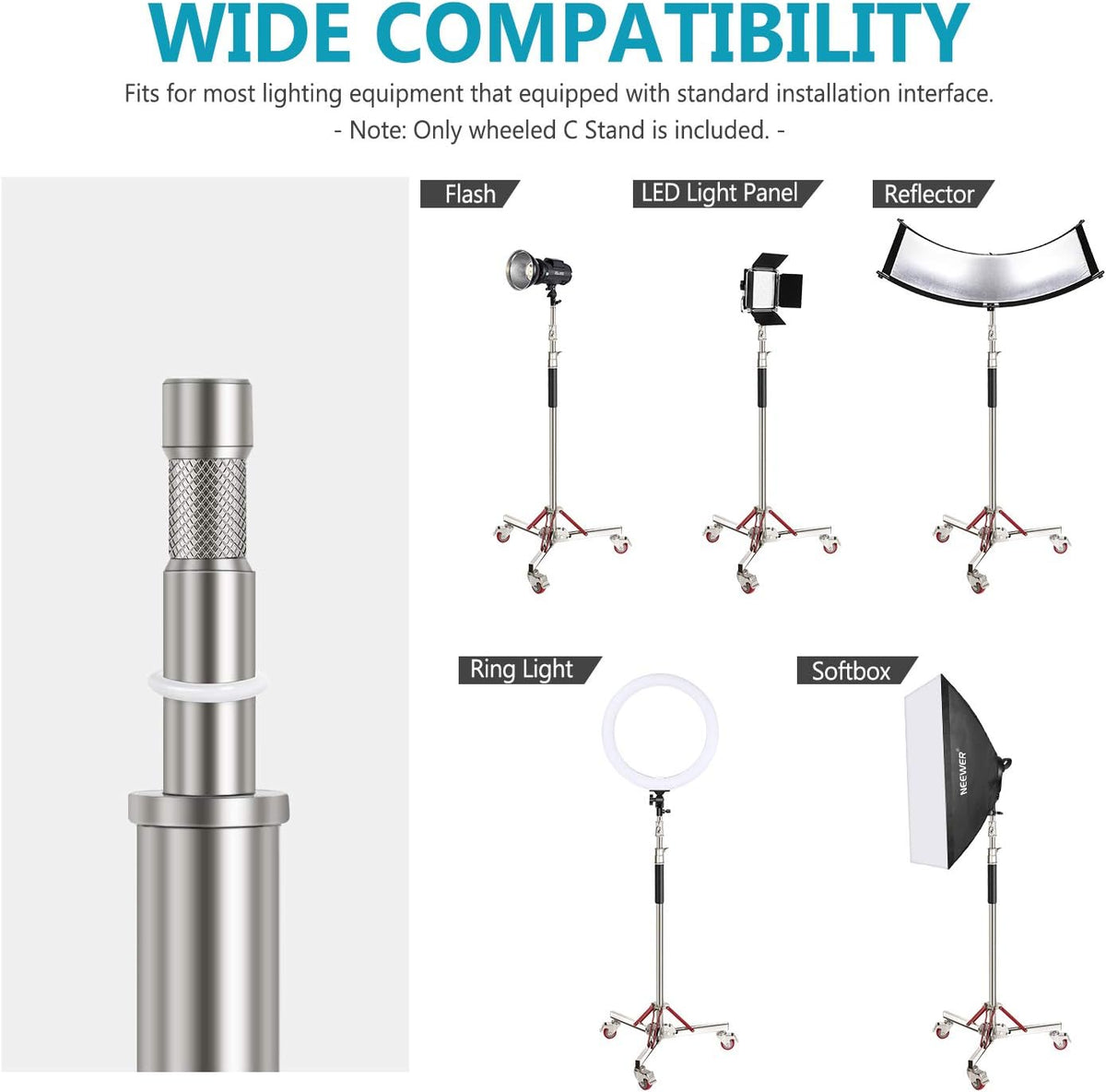 Heavy Duty Light Stand with Casters, Adjustable Tripod Stand, 100% Stainless Steel, Max Height: 10ft/305cm R370023